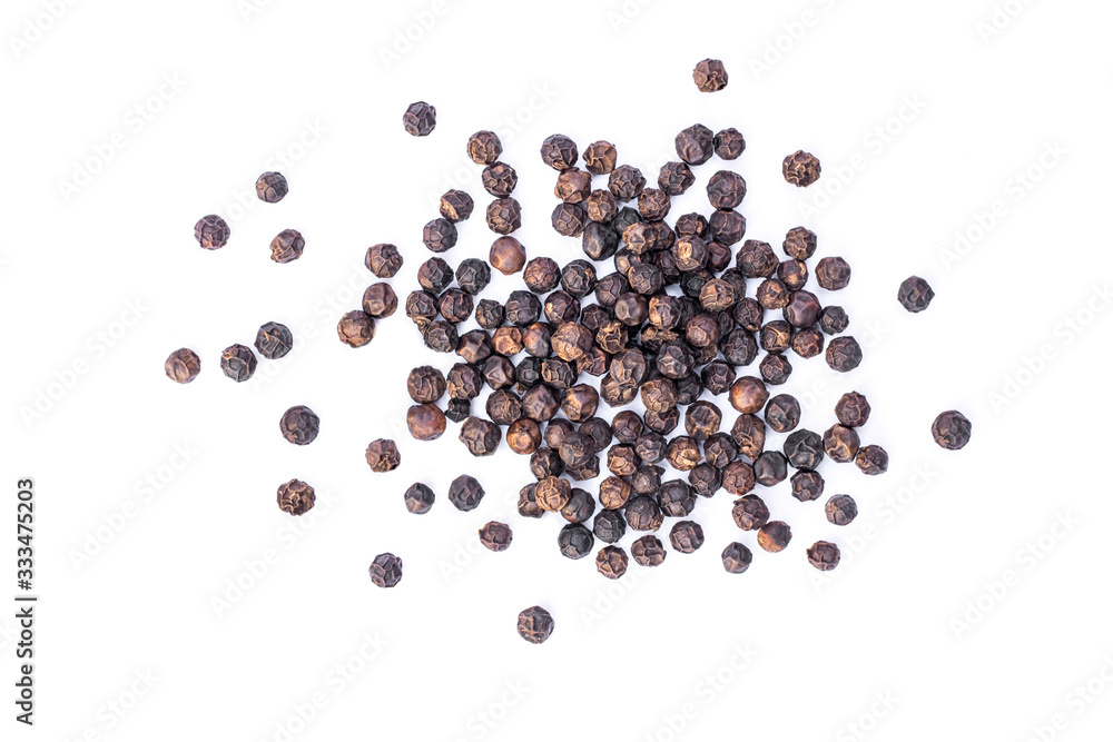 black pepper seeds or peppercorns) isolated on white background. Top view. black pepper seeds or peppercorns) isolated on white background. Top view.