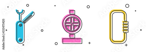 Set Swiss army knife, Industry metallic pipes and valve and Carabiner icon. Vector
