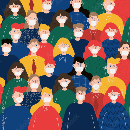 Vector Illustration. Crowd of people wearing protective mask.