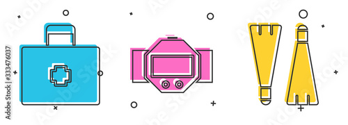Set First aid kit, Diving watch and Rubber flippers for swimming icon. Vector