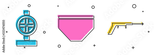 Set Industry metallic pipes and valve, Swimming trunks and Fishing harpoon icon. Vector