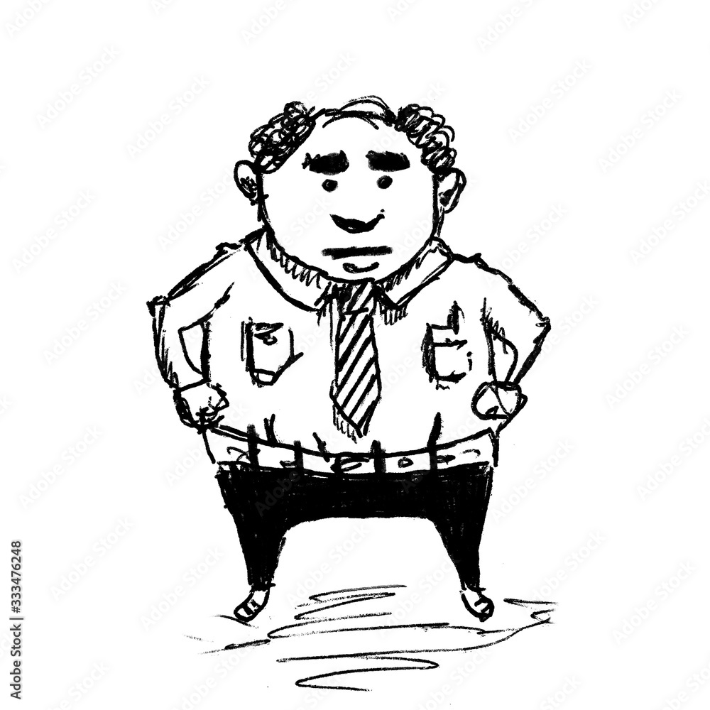 Hand drawn sketch of cartoon character fat cute funny man standing with arms akimbo isolated on white Hand drawn sketch of cartoon character fat cute funny man standing with arms akimbo isolated on white
