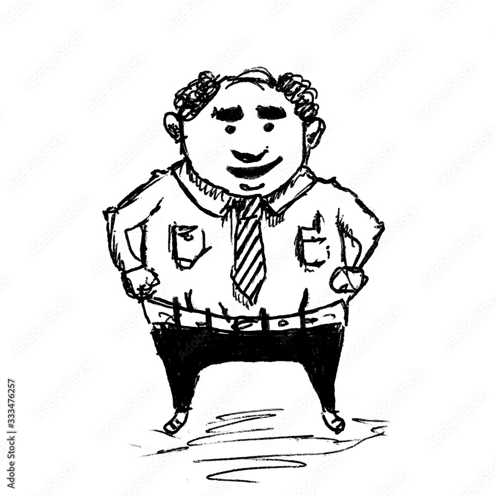 Hand drawn sketch of cartoon character fat cute funny man standing with arms akimbo isolated on white Hand drawn sketch of cartoon character fat cute funny man standing with arms akimbo isolated on white