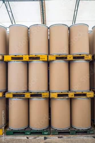 oil barrels or chemical drums stacked up, barrels made from fiber