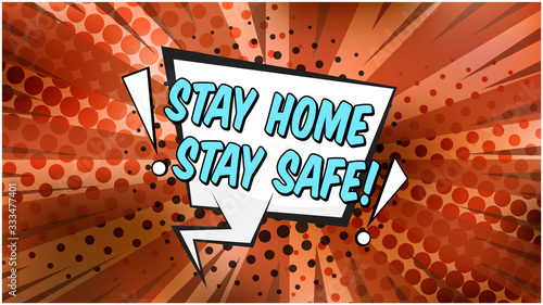 Pop art gradient red retro comic background with blue color stay home bubble and dotted halftone. Vector white speech balloon with motivated anti coronavirus phrase on abstract striped backdrop