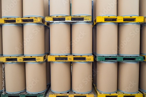 oil barrels or chemical drums stacked up, barrels made from fiber