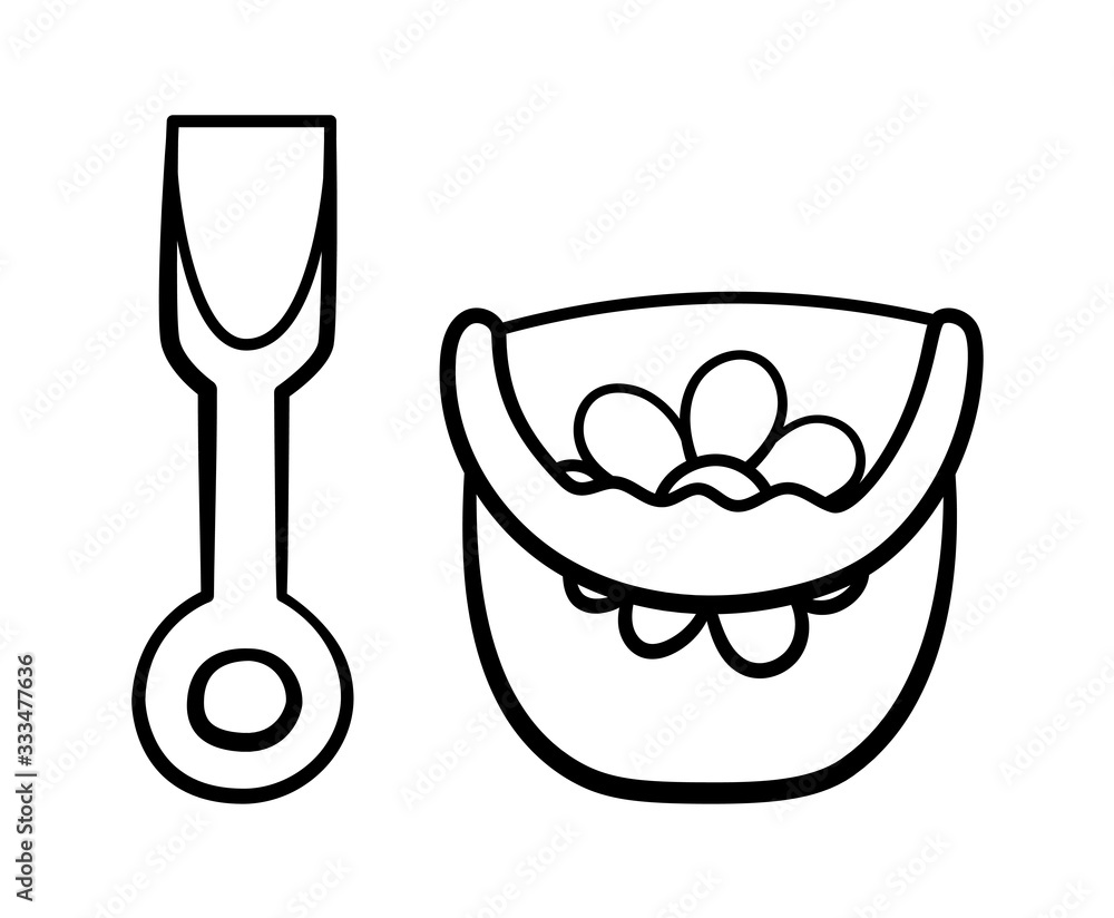 Plastic baby bucket and shovel in black lines on white backgound Plastic baby bucket and shovel in black lines on white backgound
