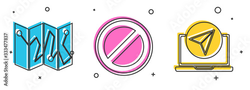 Set Folded map with location marker, Stop sign and Infographic of city map navigation icon. Vector