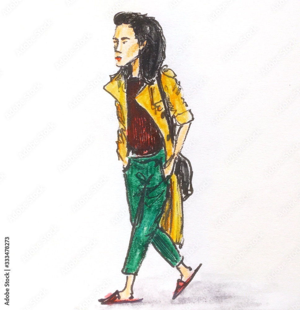 Hand drawn fashion sketch of a young slim woman on heels with a bag striding on white
