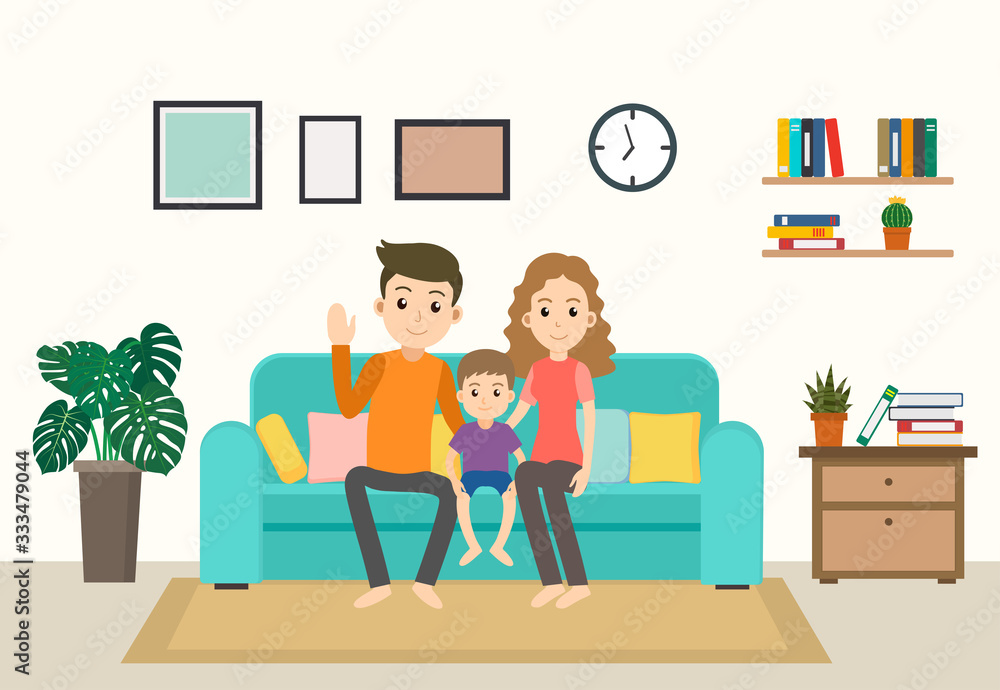 Cartoon happy family stay home on sofa in the living room - Vector  illustration Stock Vector | Adobe Stock