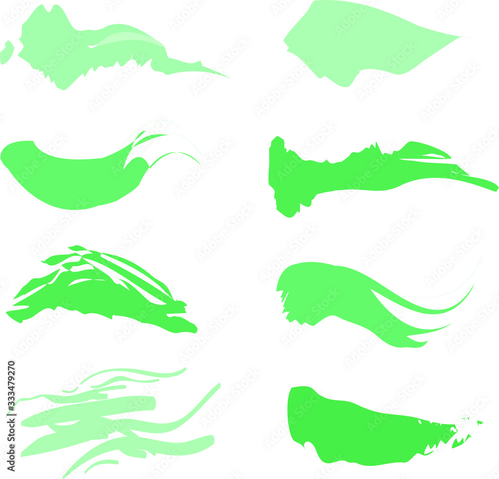 Green rough water paint brush stroke vector set on isolated white background. 