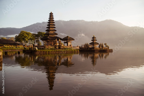 Sunrise over Temples on Lake in Bali Indonesia