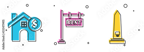 Set House with dollar symbol, Hanging sign with text Rent and Washington monument icon. Vector