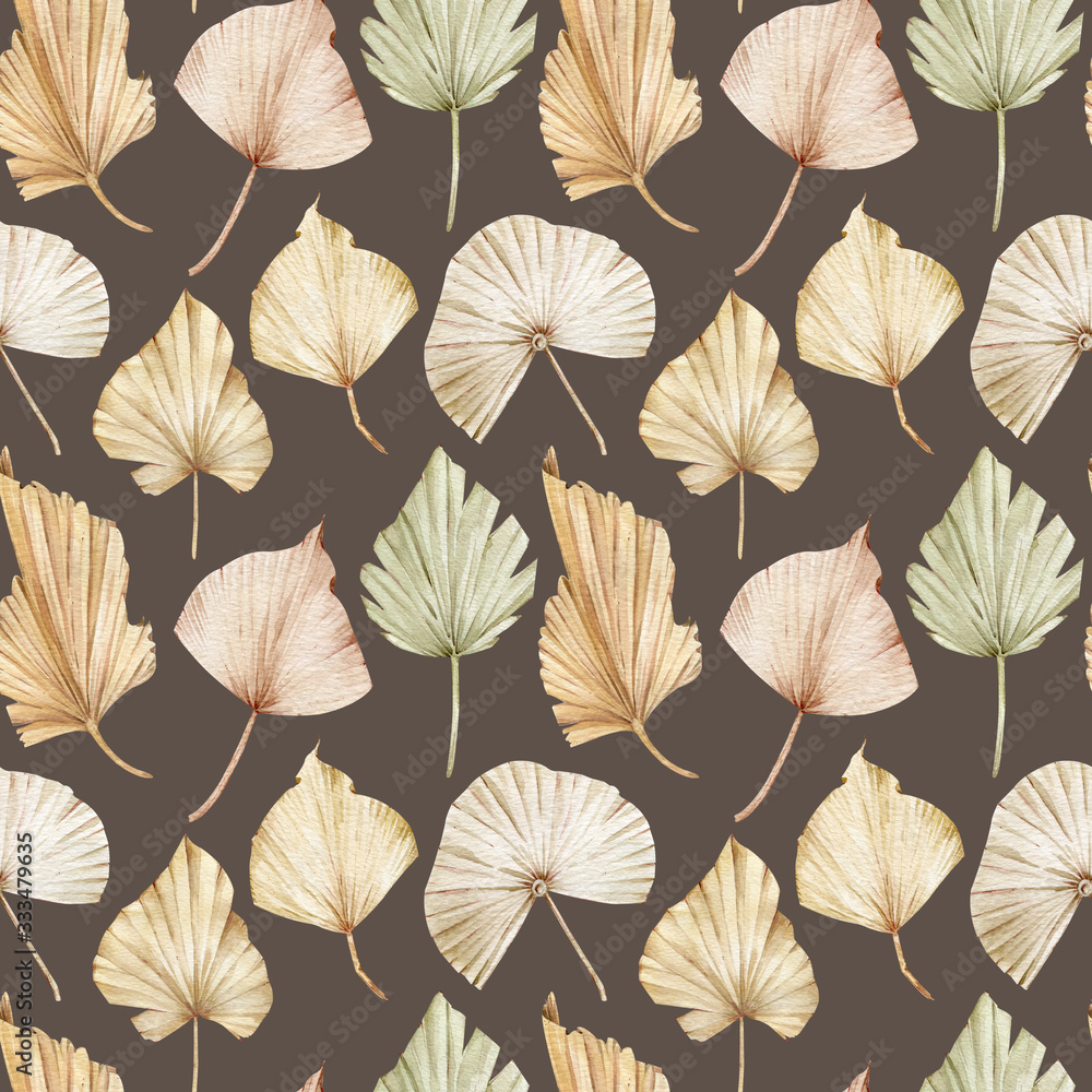 Watercolor seamless pattern of beige and creamy palm leaves. Exotic blush background. Tropical pattern.