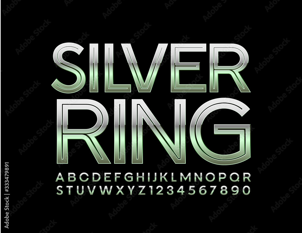 Vector chic logo Silver Ring. Metal creative Font. Premium chrome Alphabet Letters and Numbers