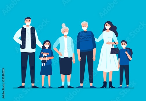 Family wearing a protective medical mask to prevent disease, flu, air pollution, and contaminated air. Dad, mom, daughter, son, grandmom, granddad wearing a surgical mask. Vector flat illustration.