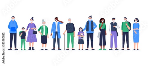 Multicultural group of people wearing medical masks to prevent disease, flu, air pollution, and contaminated air. Vector flat illustration.