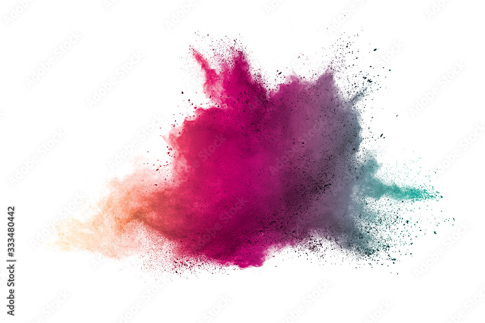 Abstract powder splatted background. Colorful powder explosion on white background. Colored cloud. Colorful dust explode. Indian festival Holi