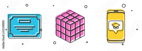 Set Certificate template, Rubik cube and Graduation cap on screen smartphone icon. Vector
