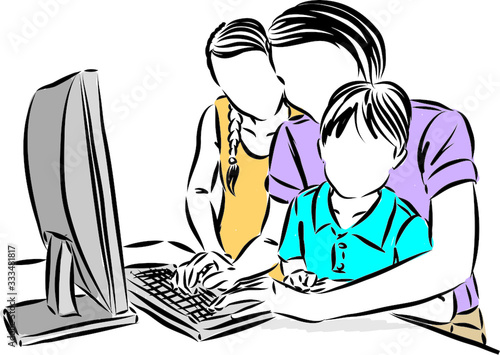 mom with children working from home vector illustration