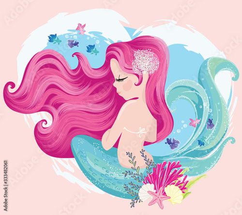 Little cute mermaid with fishes and seashells. Book illustration, fashion artworks, t shirt graphics.
