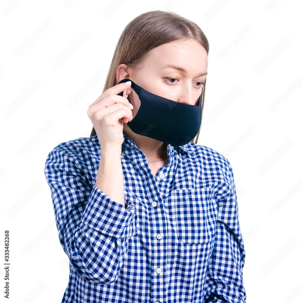 Woman in medical protective mask virus on white background isolation Woman in medical protective mask virus on white background isolation
