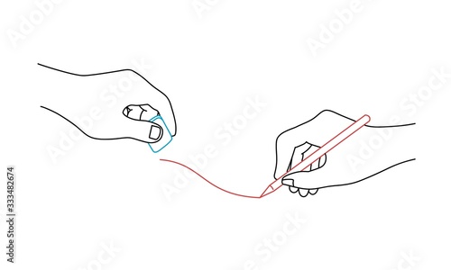 Human hands with pencil and erase rubber. Line drawing vector illustration.