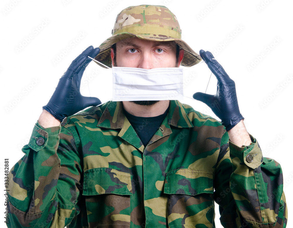 Man in medical protective mask virus on white background isolation Man in medical protective mask virus on white background isolation