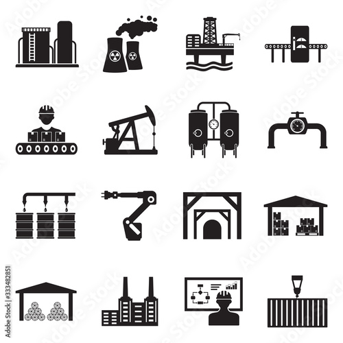 Factory Icons. Black Flat Design. Vector Illustration.