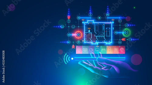 Smart home over screen of smartphone in hand, side view. App of mobile phone of remote control IOT, automation domestic devices technology. Floor plan of house with icons internet of things.