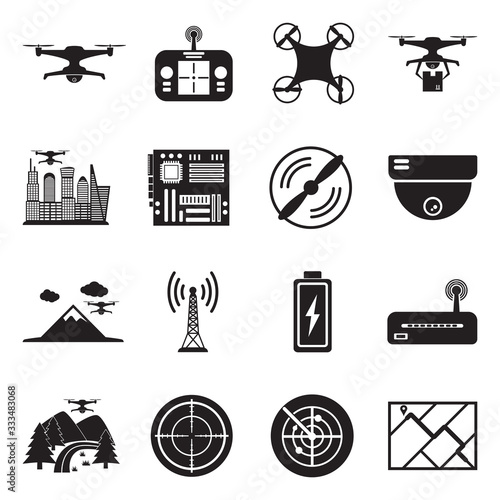 Drone Icons. Black Flat Design. Vector Illustration.