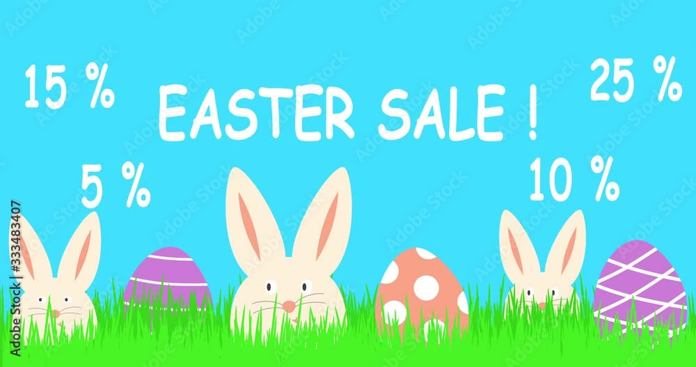 Easter sale text animation. 4k resolution. 5, 10 , or 25 percent discount. Easter sale banner with three funny white rabbits and colorful easter eggs. Easter sale text animation. 4k resolution. 5, 10 , or 25 percent discount. Easter sale banner with three funny white rabbits and colorful easter eggs.