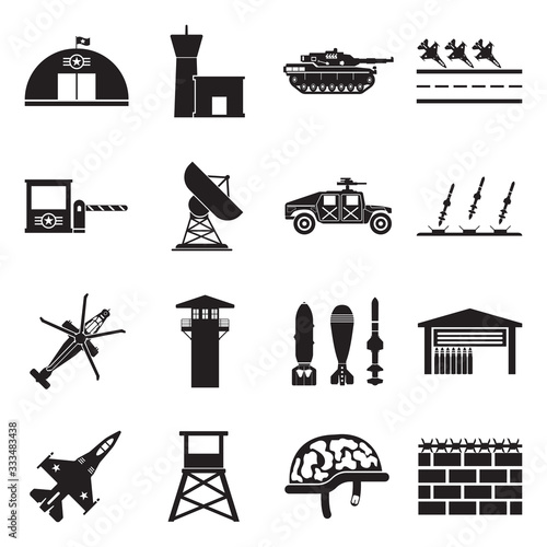 Military Base Icons. Black Flat Design. Vector Illustration.