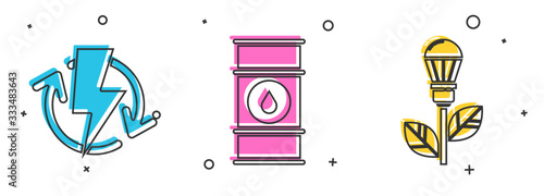 Set Recharging, Oil barrel line and Light bulb with leaf icon. Vector