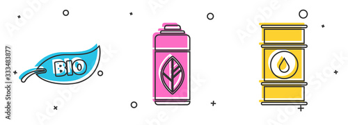 Set Leaf Bio symbol, Recycling plastic bottle and Oil barrel line icon. Vector