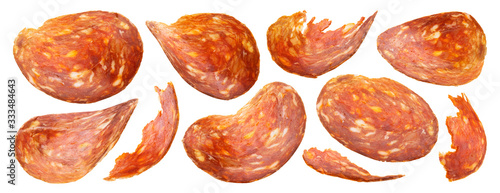 Sliced salami, hot smoked pepperoni sausage isolated on white background
