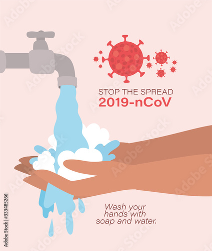Hands washing under water tap and stop the spread with 2019 ncov virus text vector design