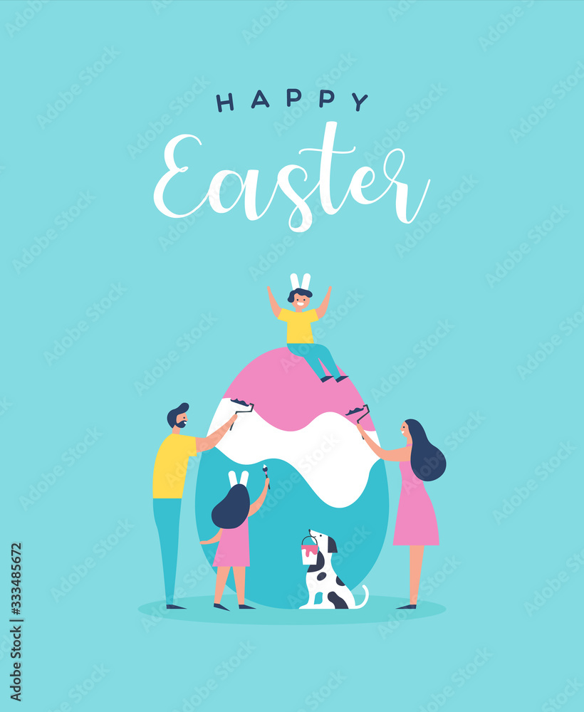 Happy easter card of family painting egg together Happy easter card of family painting egg together