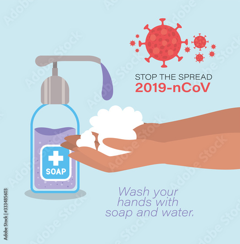 Hands washing soap dispenser and stop the spread with 2019 ncov virus text vector design