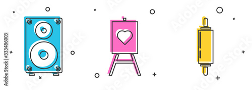 Set Stereo speaker, Wood easel or painting art boards and Rolling pin icon. Vector
