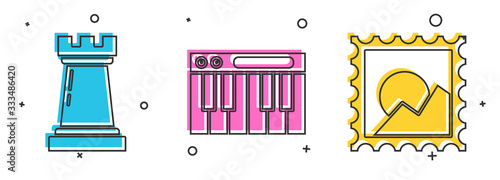Set Chess symbol, Music synthesizer and Picture landscape icon. Vector