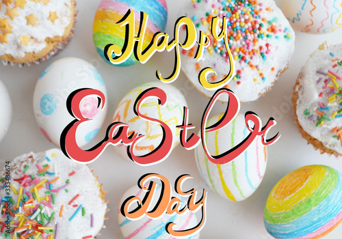 Easter. Colored eggs and cakes. Lettering, congratulations. Design for postcards. photo