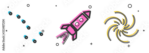 Set Great Bear constellation, Rocket ship with fire and Black hole icon. Vector