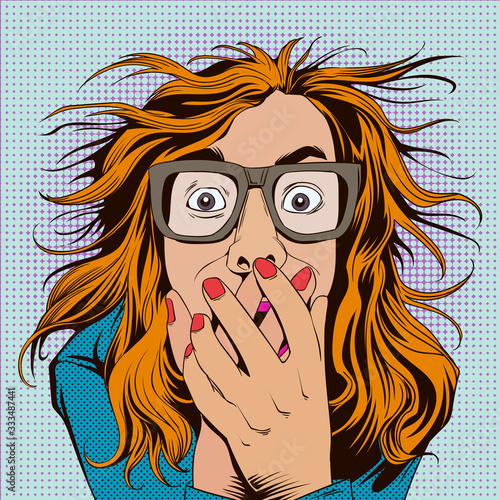 Woman wearing shocked glasses frightened. Pop art retro illustration comic Style Vector