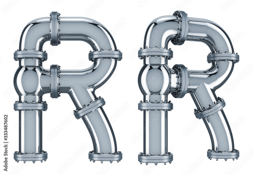 Letter R from steel pipes, 3D rendering