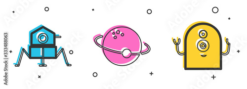 Set Mars rover, Planet and Alien icon. Vector