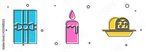 Set Gift box, Burning candle in candlestick and Marzipan sponge cake icon. Vector