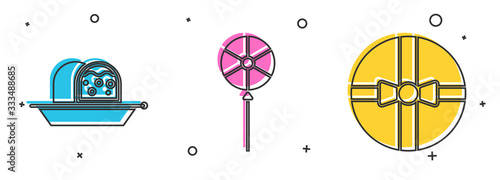 Set Marzipan sponge cake, Lollipop and Gift box icon. Vector