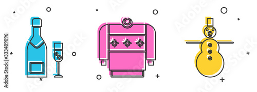 Set Champagne bottle and glass of champagne, Christmas sweater and Christmas snowman icon. Vector
