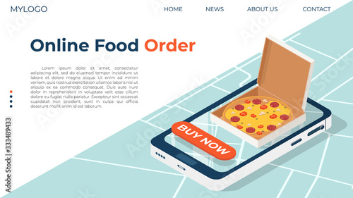 Concept template for web page on the subject of food delivery. Pizza ordering concept with smartphone, on city map background. Home delivery food. Vector isometric illustration.